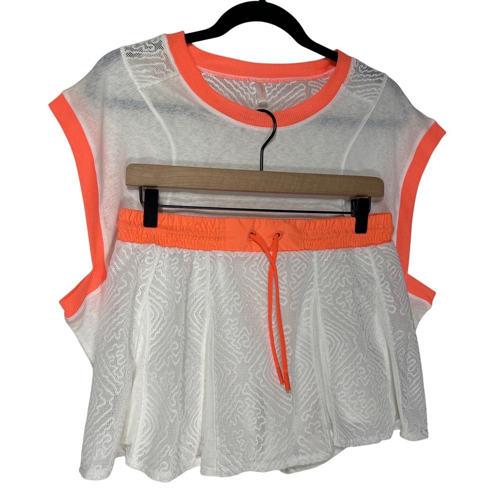 FP Movement Free People White Neon Orange Lace Top Skirt Set Top Sz S Skirt Sz M